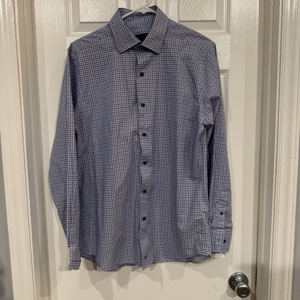 David Donahue Fusion Shirt Mens Blue Paisley Button Up Long Sleeve Size 15.5 Med